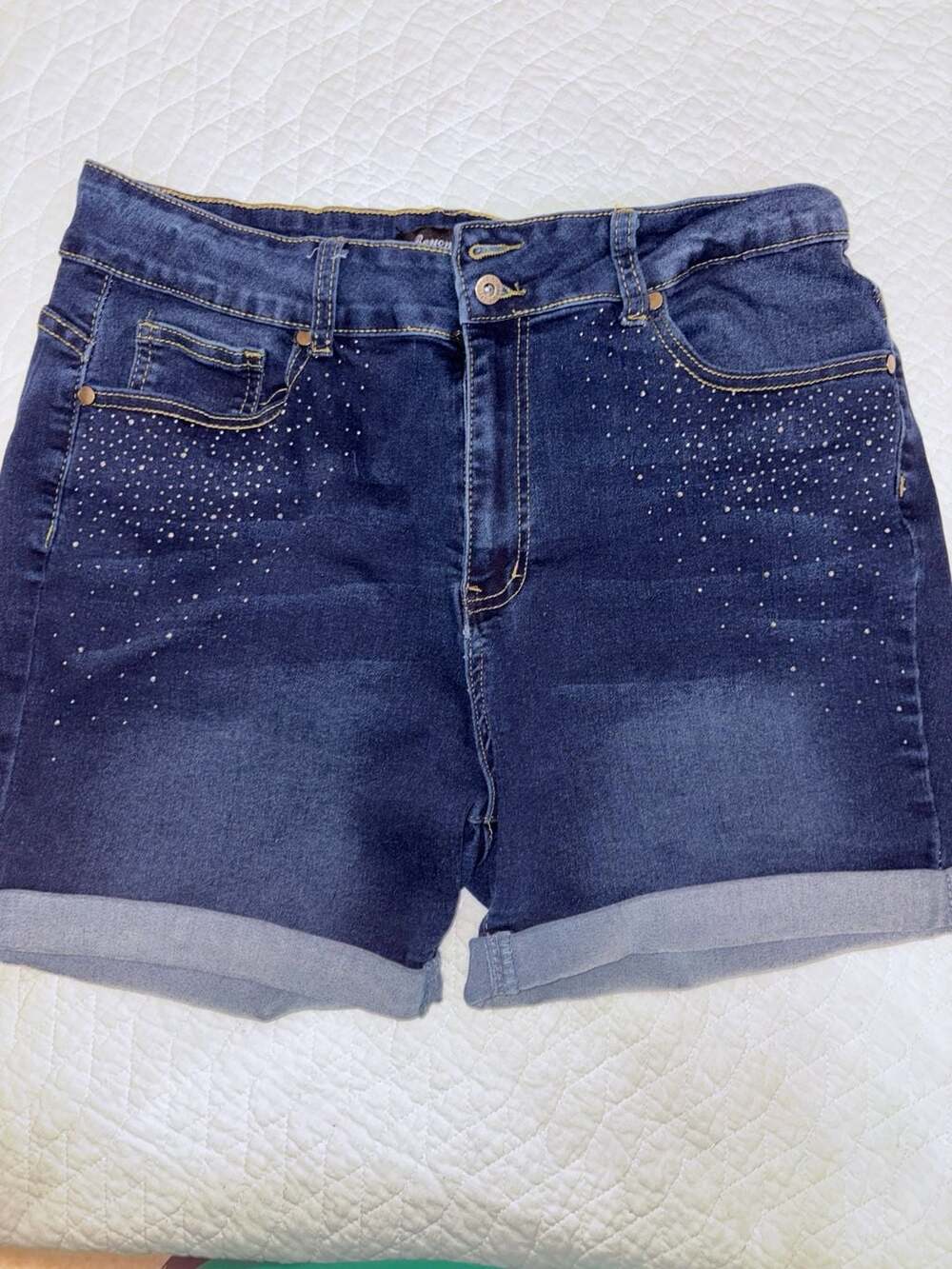Beyond Us Rhinestone Embellished Cuffed Denim Shorts Dark Wash Size 20